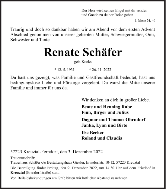 Traueranzeige von Renate Schäfer von Siegener Zeitung