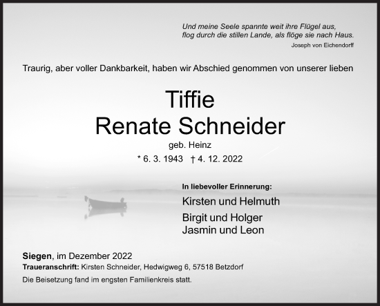 Traueranzeige von Renate Schneider von Siegener Zeitung