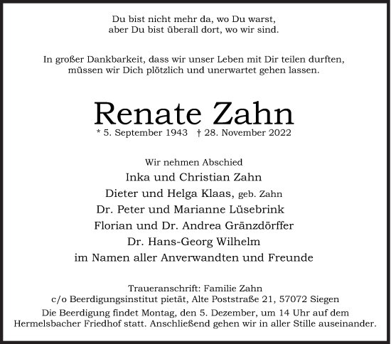 Traueranzeige von Renate Zahn von Siegener Zeitung