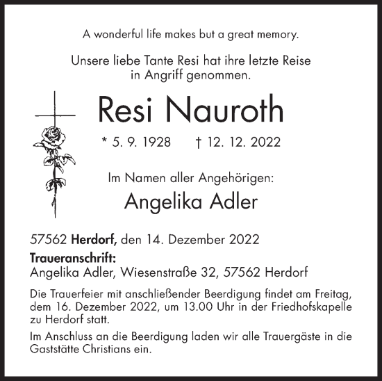 Traueranzeige von Resi Nauroth von Siegener Zeitung