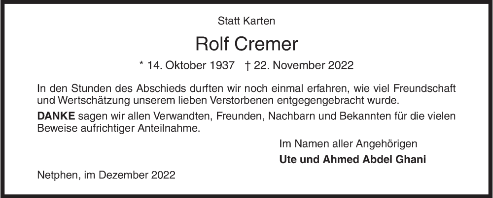  Traueranzeige für Rolf Cremer vom 30.12.2022 aus Siegener Zeitung