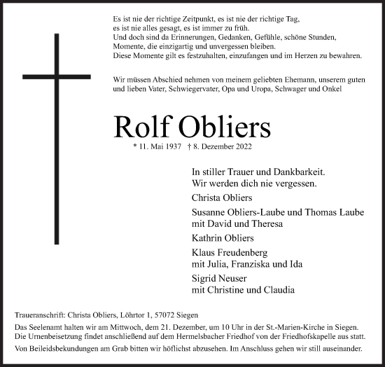 Traueranzeige von Rolf Obliers von Siegener Zeitung