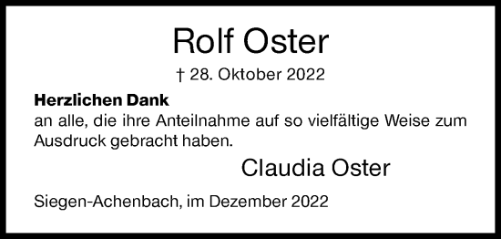 Traueranzeige von Rolf Oster von Siegener Zeitung