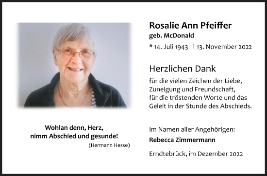 Traueranzeige von Rosalie Ann Pfeiffer von Siegener Zeitung