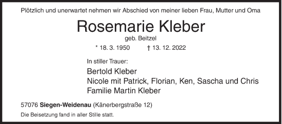 Traueranzeige von Rosemarie Kleber von Siegener Zeitung