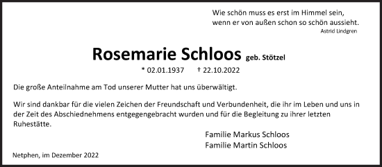 Traueranzeige von Rosemarie Schloos von Siegener Zeitung