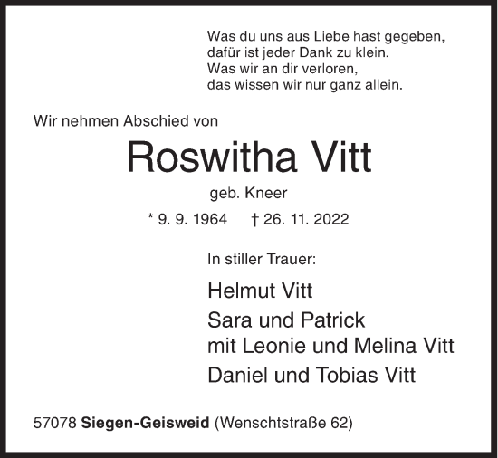 Traueranzeige von Roswitha Vitt von Siegener Zeitung