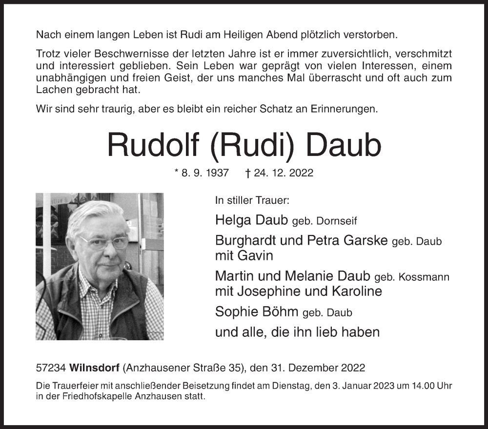  Traueranzeige für Rudolf Daub vom 31.12.2022 aus Siegener Zeitung