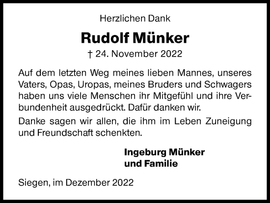 Traueranzeige von Rudolf Münker von Siegener Zeitung