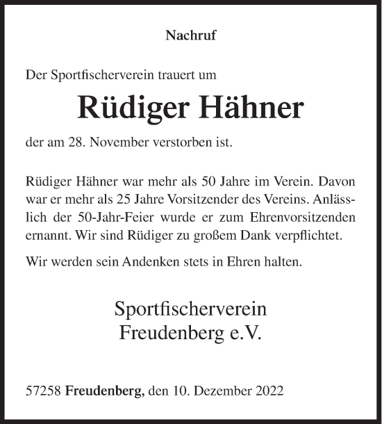 Traueranzeige von Rüdiger Hähner von Siegener Zeitung