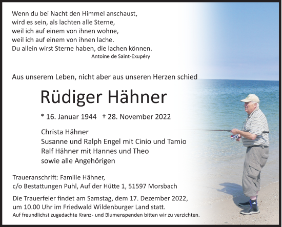 Traueranzeige von Rüdiger Hähner von Siegener Zeitung