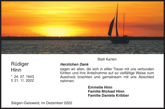 Traueranzeige von Rüdiger Hinn von Siegener Zeitung