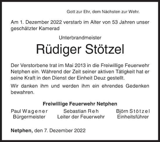 Traueranzeige von Rüdiger Stötzel von Siegener Zeitung