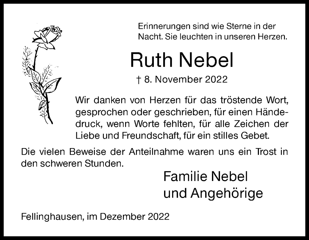  Traueranzeige für Ruth Nebel vom 10.12.2022 aus Siegener Zeitung