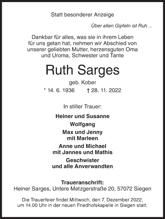 Traueranzeige von Ruth Sarges von Siegener Zeitung