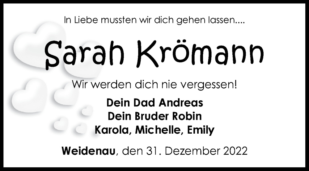  Traueranzeige für Sarah Krömann vom 31.12.2022 aus Siegener Zeitung