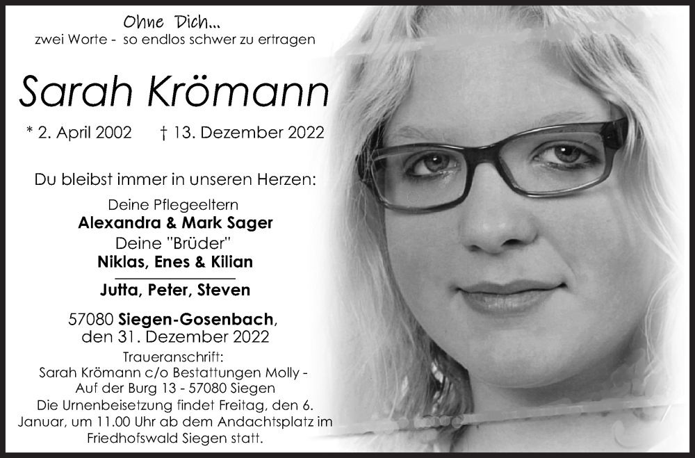  Traueranzeige für Sarah Krömann vom 31.12.2022 aus Siegener Zeitung