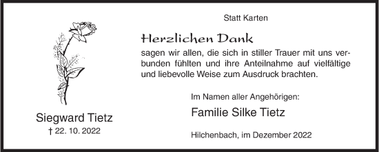 Traueranzeige von Siegward Tietz von Siegener Zeitung