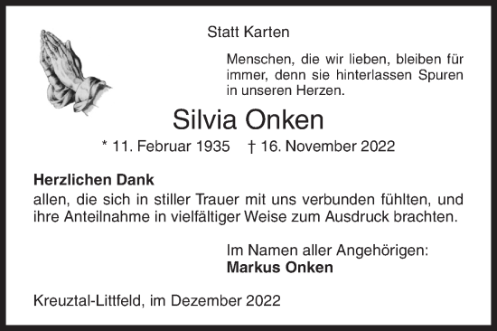 Traueranzeige von Silvia Onken von Siegener Zeitung