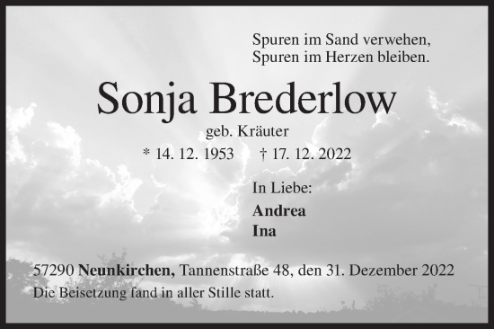 Traueranzeige von Sonja Brederlow von Siegener Zeitung