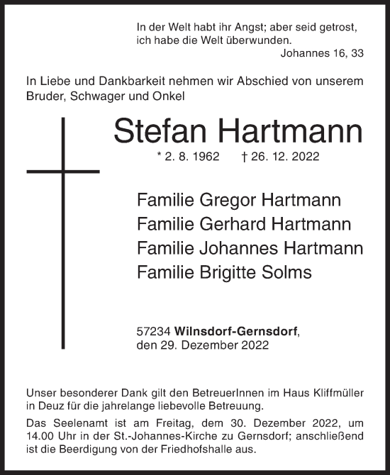Traueranzeige von Stefan Hartmann von Siegener Zeitung