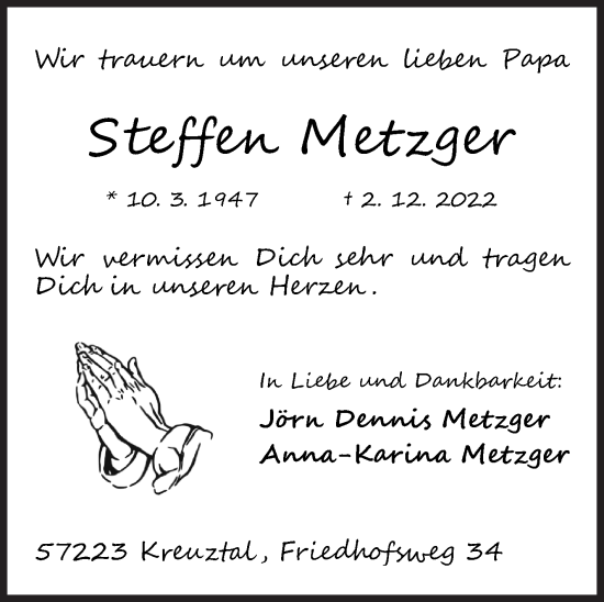 Traueranzeige von Steffen Metzger von Siegener Zeitung