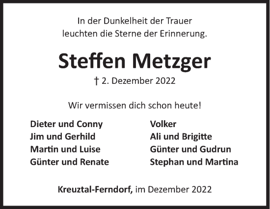 Traueranzeige von Steffen Metzger von Siegener Zeitung