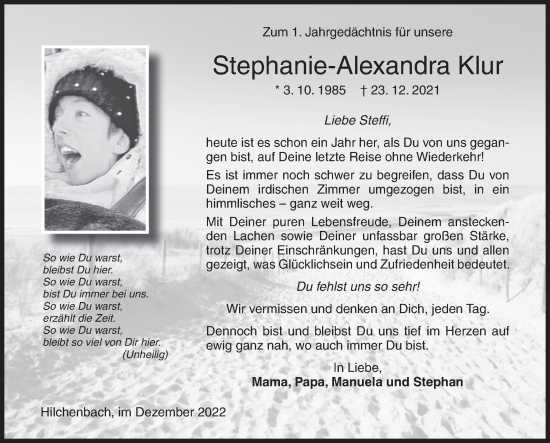 Traueranzeige von Stephanie-Alexandra Klur von Siegener Zeitung
