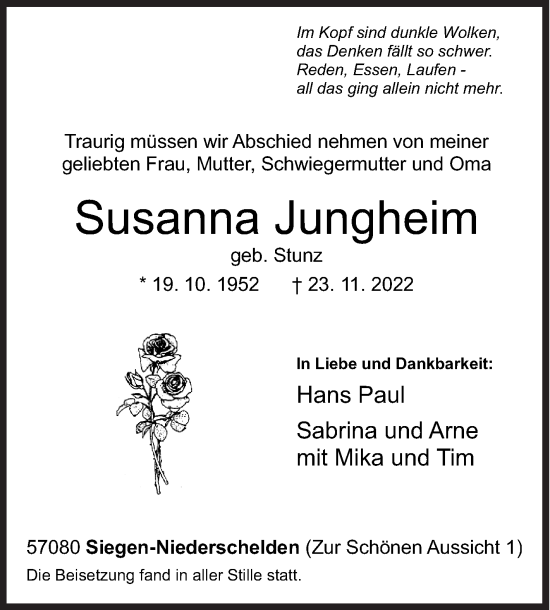 Traueranzeige von Susanna Jungheim von Siegener Zeitung