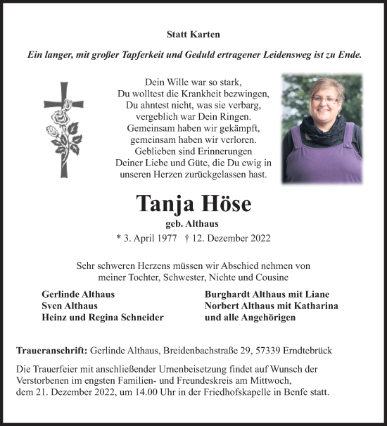 Traueranzeige von Tanja Höse von Siegener Zeitung