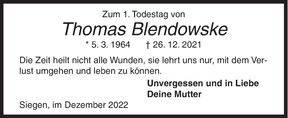  Traueranzeige für Thomas Blendowske vom 24.12.2022 aus Siegener Zeitung