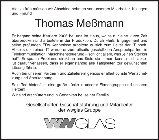Traueranzeige von Thomas Meßmann von Siegener Zeitung