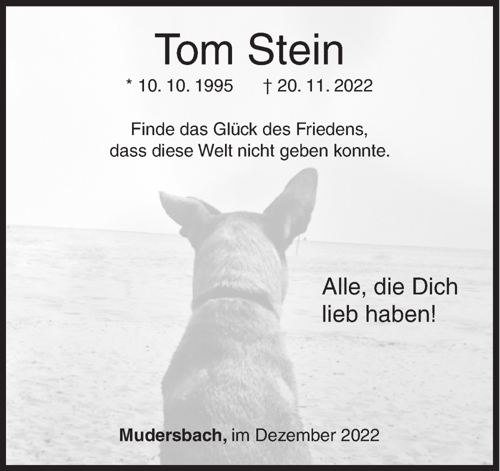  Traueranzeige für Tom Stein vom 24.12.2022 aus Siegener Zeitung