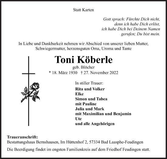 Traueranzeige von Toni Köberle von Siegener Zeitung