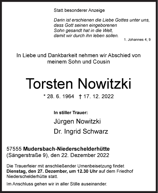 Traueranzeige von Torsten Nowitzki von Siegener Zeitung
