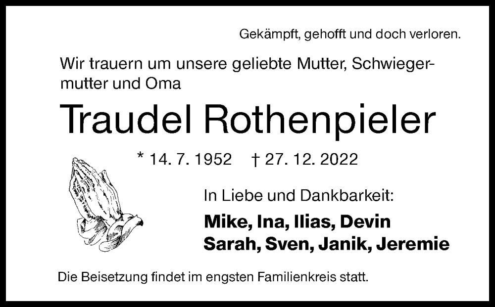  Traueranzeige für Traudel Rothenpieler vom 31.12.2022 aus Siegener Zeitung