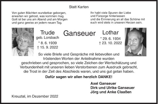 Traueranzeige von Trude und Lothar Ganseuer von Siegener Zeitung