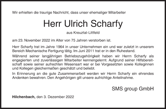 Traueranzeige von Ulrich Scharfy von Siegener Zeitung