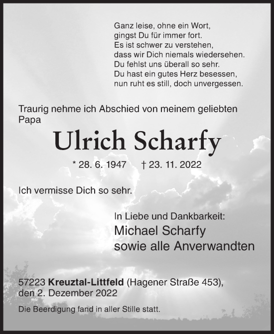 Traueranzeige von Ulrich Scharfy von Siegener Zeitung