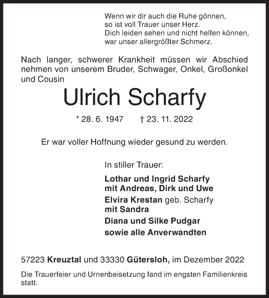 Traueranzeige von Ulrich Scharfy von Siegener Zeitung