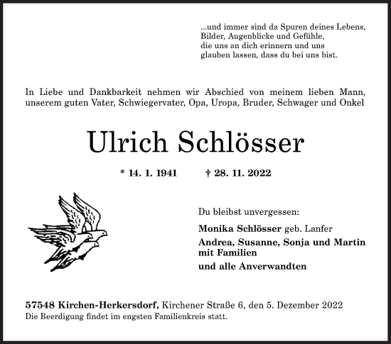 Traueranzeige von Ulrich Schlösser von Siegener Zeitung