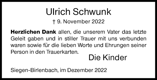 Traueranzeige von Ulrich Schwunk von Siegener Zeitung