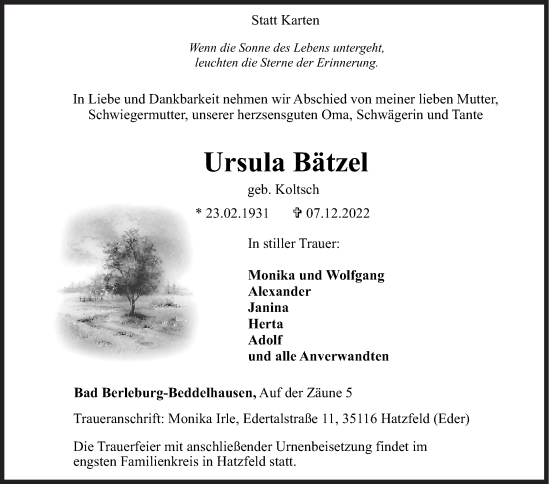 Traueranzeige von Ursula Bätzel von Siegener Zeitung