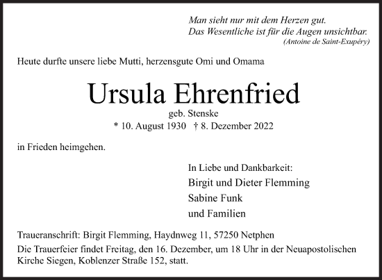 Traueranzeige von Ursula Ehrenfried von Siegener Zeitung