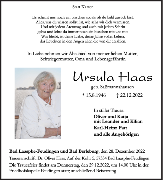 Traueranzeige von Ursula Haas von Siegener Zeitung