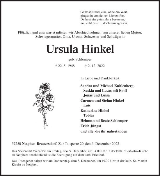 Traueranzeige von Ursula Hinkel von Siegener Zeitung