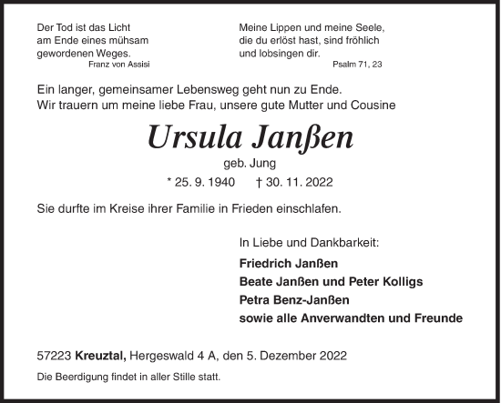 Traueranzeige von Ursula Janßen von Siegener Zeitung