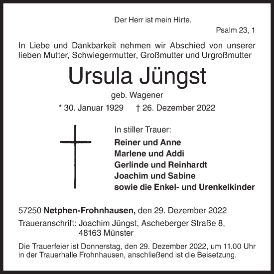 Traueranzeige von Ursula Jüngst von Siegener Zeitung