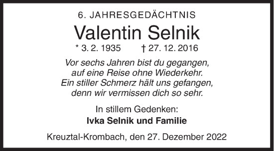 Traueranzeige von Valentin Selnik von Siegener Zeitung