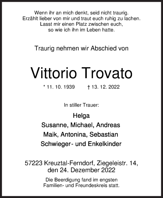 Traueranzeige von Vittorio Trovato von Siegener Zeitung
